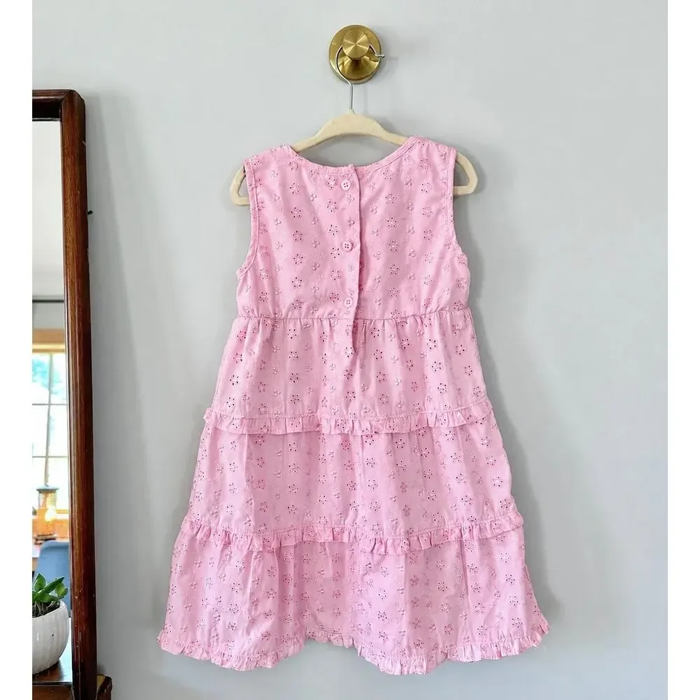 Penelope Mack Girls Size 5 Pink Eyelet Smocked Tiered Ruffle Dress Embroidered